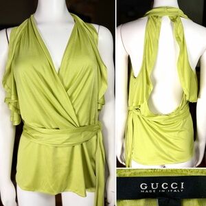Gucci Vintage Y2k Chartreuse Faux Wrap Open Back Ruffle Sleeveless Top, Sz 44/8